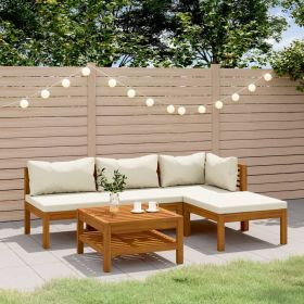 5 Piece Patio Lounge Set with Cream Cushion Solid Acacia Wood