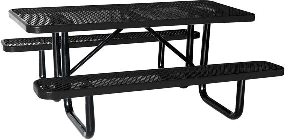 72" Expanded Metal Rectangular Picnic Table, Black With Umbrella Hole
