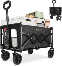 RAINBEAN Collapsible Wagon Cart Foldable Heavy Duty Folding Wagon Large Capacity Shopping Cart Utility for Camping Garden Beach Sports Fishing, Black