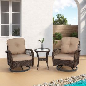 3 Pieces Outdoor Swivel Rocker Patio Chairs, 360 Degree Rocking Patio Conversation Set with Thickened Cushions and Glass Coffee Table for Backyar