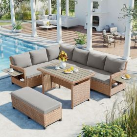5-Piece Outdoor Patio Rattan Sofa Set; Sectional PE Wicker L-Shaped Garden Furniture Set with 2 Extendable Side Tables; Dining Table and Washable (Color: Brown)