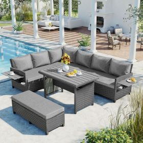 5-Piece Outdoor Patio Rattan Sofa Set; Sectional PE Wicker L-Shaped Garden Furniture Set with 2 Extendable Side Tables; Dining Table and Washable (Color: Gray)