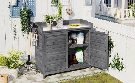 TOPMAX Outdoor 39" Potting Bench Table, Rustic Garden Wood Workstation Storage Cabinet Garden Shed with 2-Tier Shelves and Side Hook, Grey (Color: as Pic)