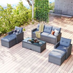 GO 6-piece All-Weather Wicker PE rattan Patio Outdoor Dining Conversation Sectional Set with coffee table, wicker sofas, ottomans (Color: as Pic)