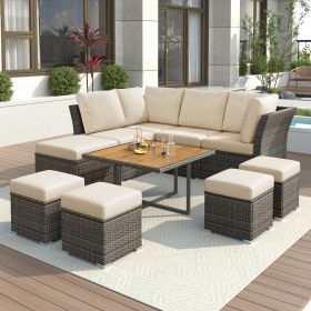 U_STYLE Patio Furniture Set, 10 Piece Outdoor Conversation Set, CoffeeTable with Ottomans, Solid wood coffee table (Color: as Pic)