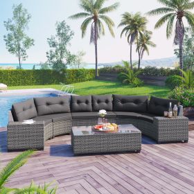 GO 8-pieces Outdoor Wicker Round Sofa Set, Half-Moon Sectional Sets All Weather, Curved Sofa Set With Rectangular Coffee Table (Color: as Pic)