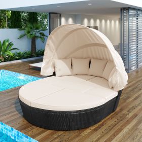 GO Outdoor rattan daybed sunbed with Retractable Canopy Wicker Furniture, Round Outdoor Sectional Sofa Set (Color: as Pic)