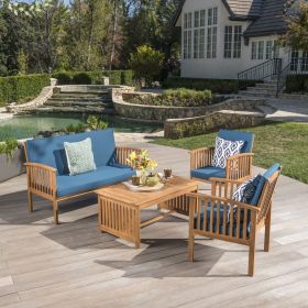 Outdoor Acacia Wood Sofa Set with Water Resistant Cushions, 4-Pcs Set, Brown Patina / Teal Blue (Color: as Pic)